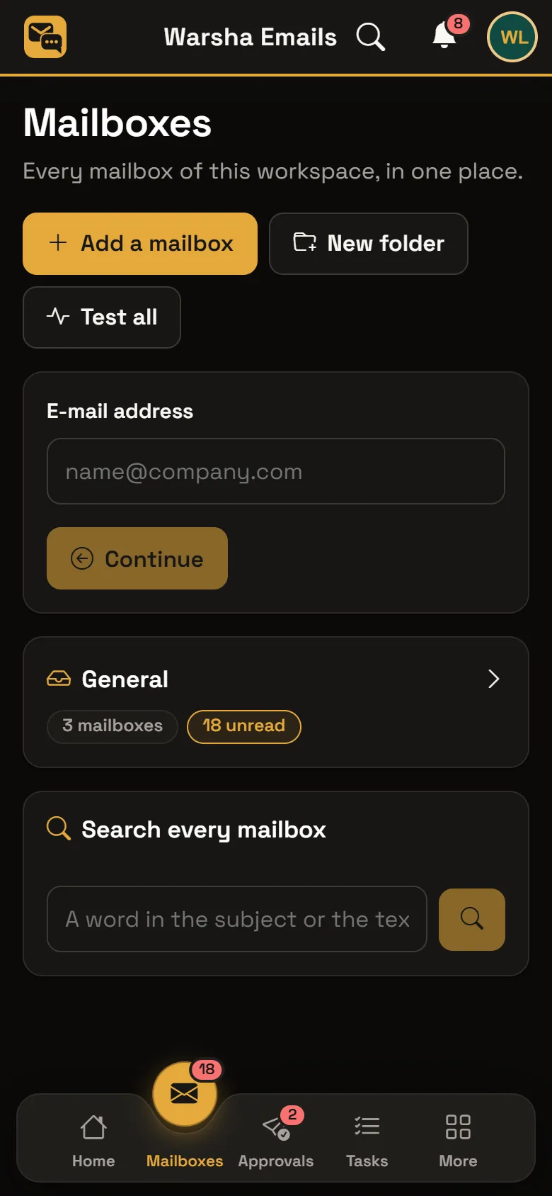 Warsha Emails — Add a mailbox