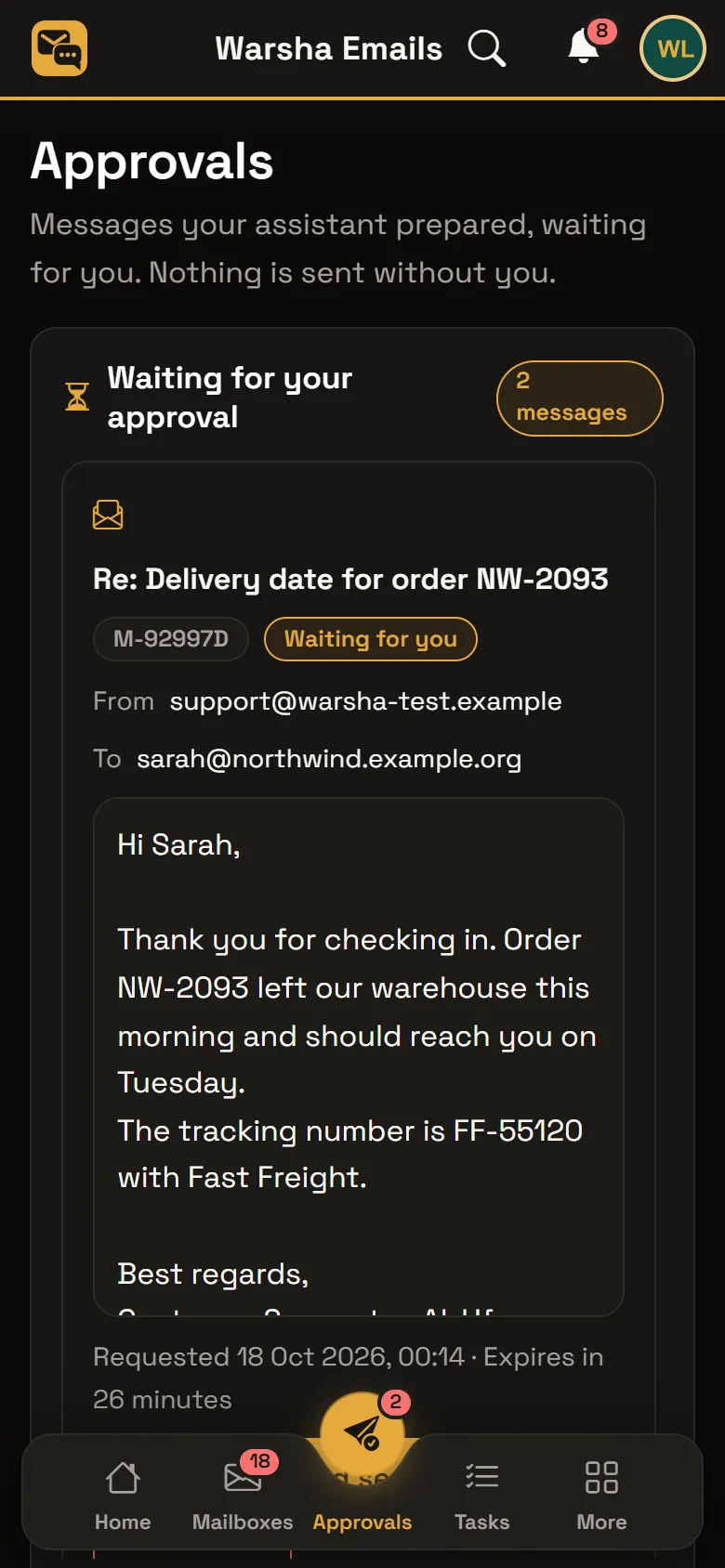 Warsha Emails — Send approval