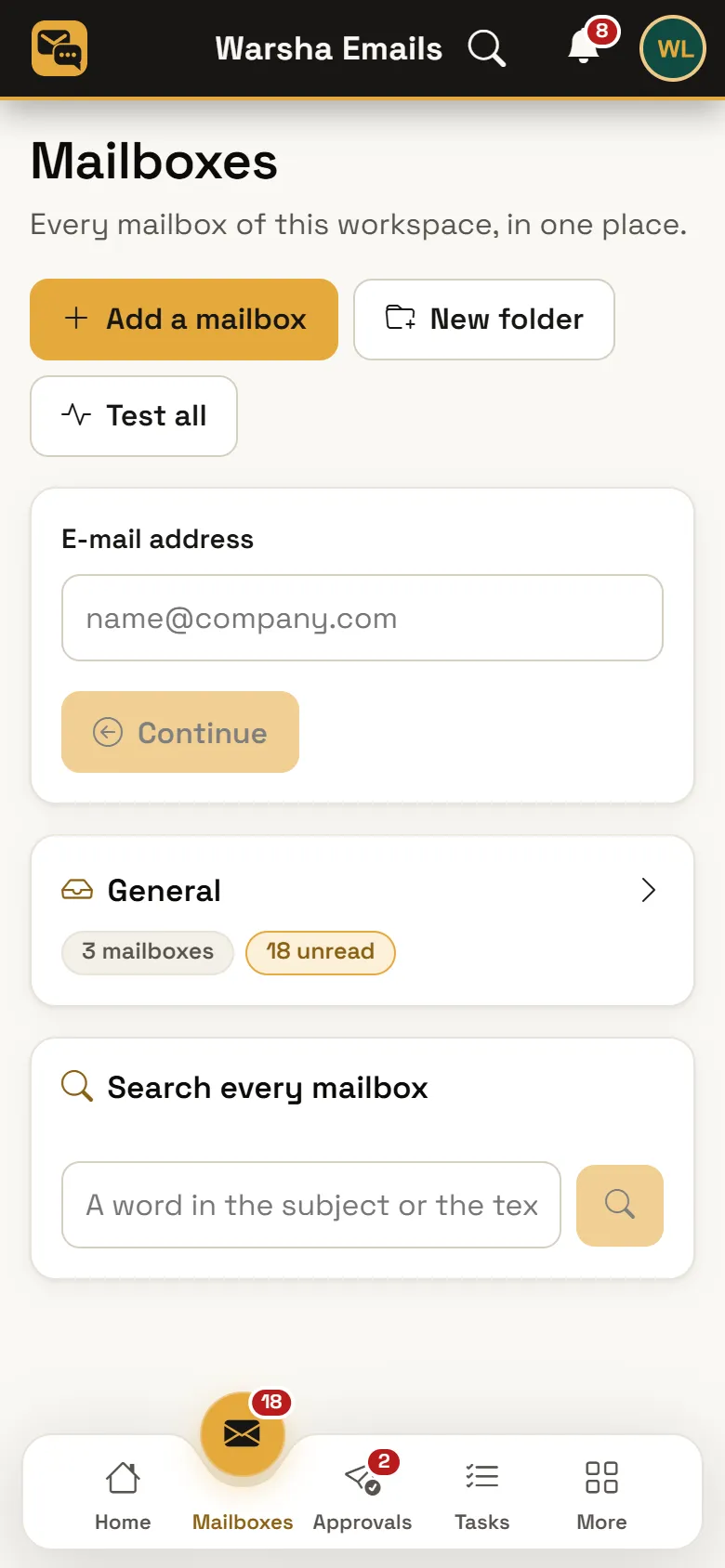 Warsha Emails — Add a mailbox