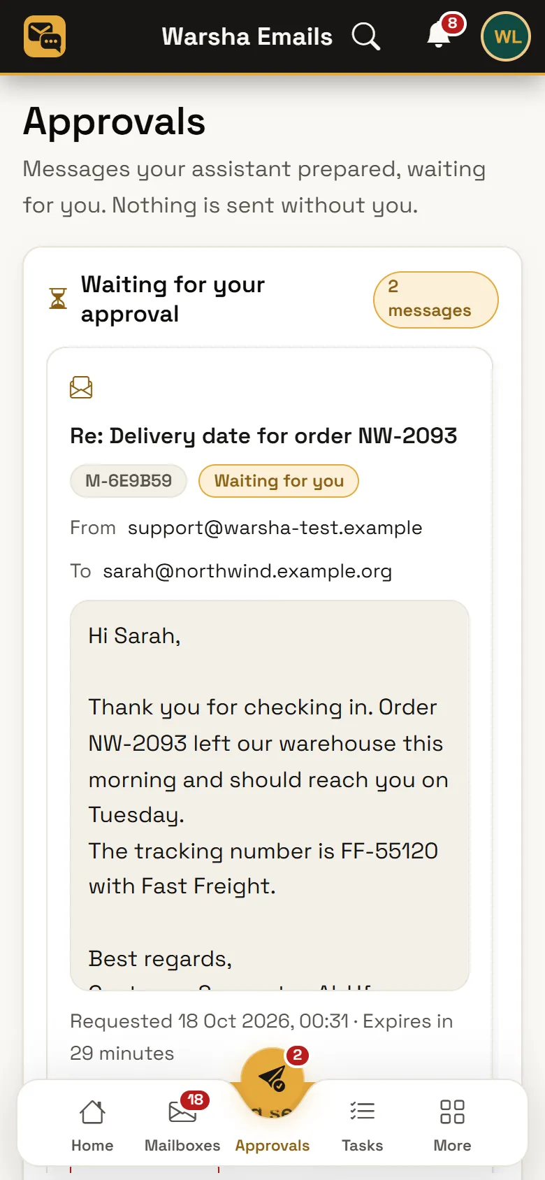 Warsha Emails — Send approval